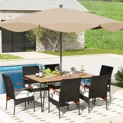 Tangkula 7 Pieces Patio Dining Set with Acacia Wood Dining Table, Rattan Armchairs, Soft Cushions