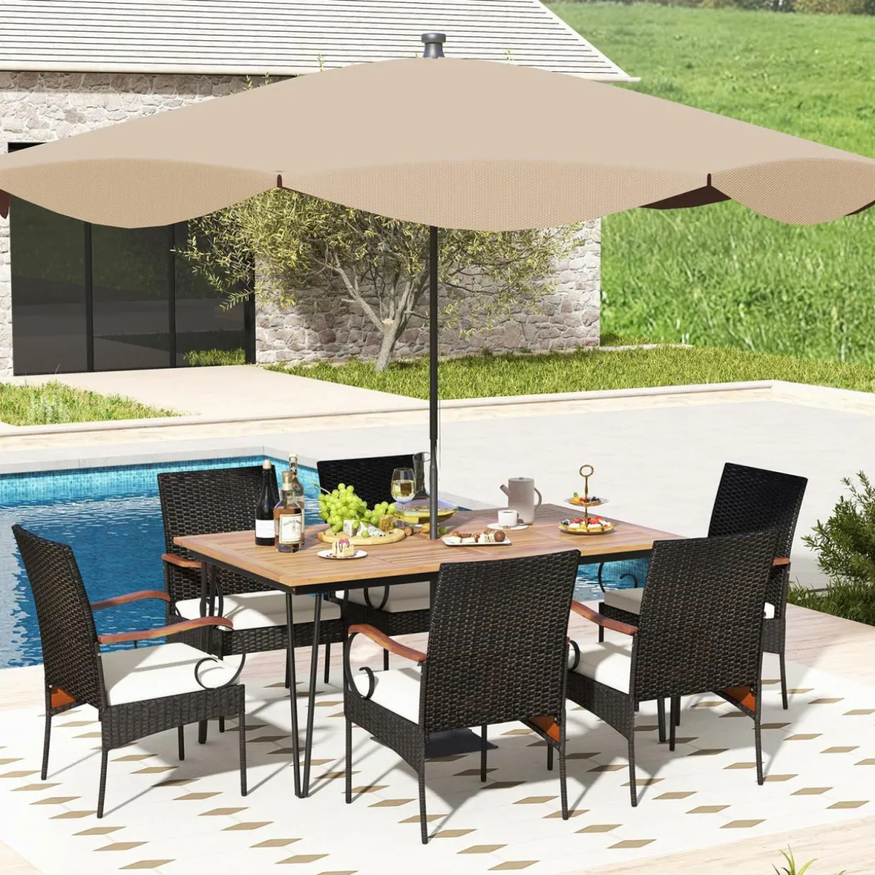 Tangkula 7 Pieces Patio Dining Set with Acacia Wood Dining Table, Rattan Armchairs, Soft Cushions