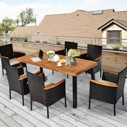 Tangkula 7 Pieces Patio Dining Set, Patiojoy Outdoor Conversation Set w/Acacia Wood Top Table & 6 Stackable Rattan Chairs