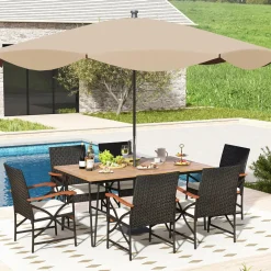 Tangkula 7 Pieces Patio Dining Set with Acacia Wood Dining Table, Rattan Armchairs, Soft Cushions