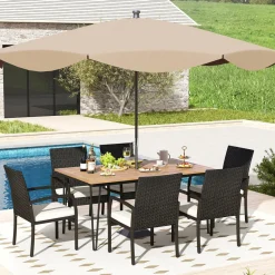 Tangkula 7 Pieces Patio Dining Set with Acacia Wood Dining Table, Rattan Armchairs, Soft Cushions