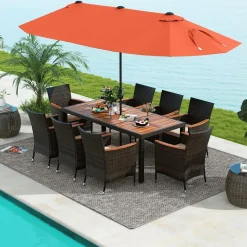Tangkula 11 Pieces Patio Dining Set with 15ft Double-Sided LED Patio Umbrella (Base Included)