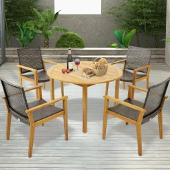 Tangkula 5 Pieces Patio Dining Set, 4 Patio Wicker Armchairs and Round Acacia Wood Dining Table