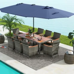 Tangkula 11 Pieces Patio Dining Set with 15 ft Double-Sided Patio LED Umbrella (Base Included)