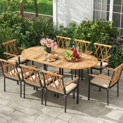 Tangkula 9 Pieces Patio Dining Set, Outdoor Dining Table with Acacia Wood Top & Umbrella Hole