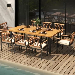 Tangkula 9 Pieces Patio Dining Set, Outdoor Acacia Wood Table and Chairs with Soft Cushions and 1.9” Umbrella Hole