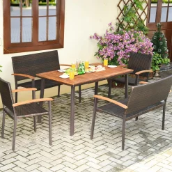 Tangkula 5 Pieces Patio Dining Set, Modern Conversation Set w/Solid Wood Table & Umbrella Hole for Backyard Garden Porch