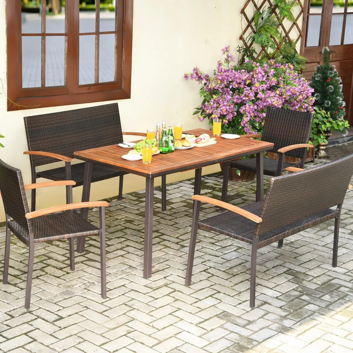 Tangkula 5 Pieces Patio Dining Set, Modern Conversation Set w/Solid Wood Table & Umbrella Hole for Backyard Garden Porch
