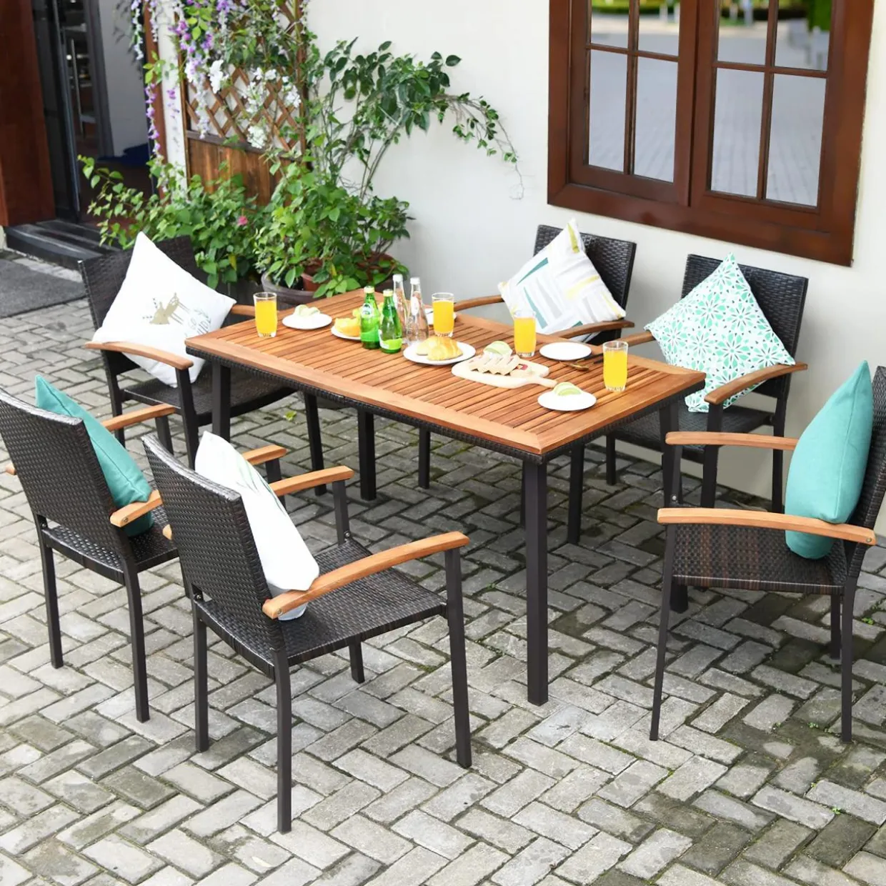 Tangkula 7 Pieces Patio Dining Set, Modern Conversation Set Umbrella Hole for Backyard Garden Poolside