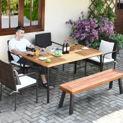 Tangkula 6 Pieces Patio Dining Set, Outdoor Acacia Wood and Wicker Furniture Set w/2.16" Hole