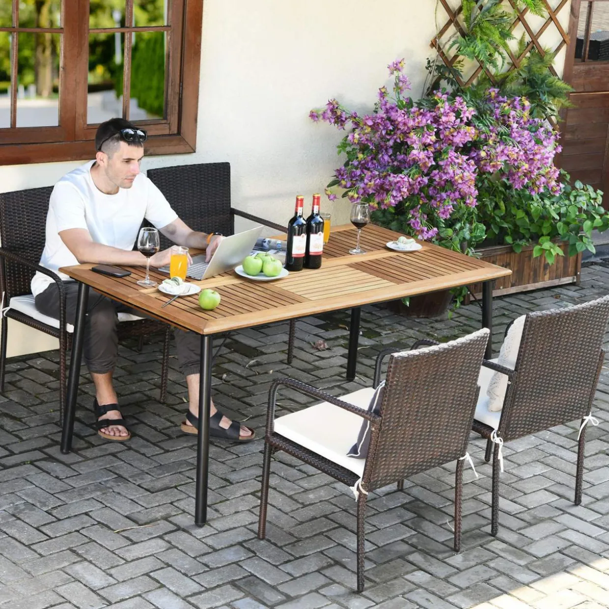 Tangkula 5 Pieces Patio Dining Set, Acacia Wood and Wicker Furniture Set w/2.16"Umbrella Hole for Backyard