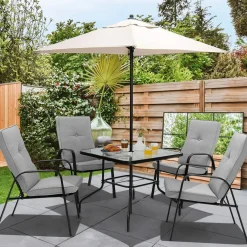 Tangkula 6 Pieces Patio Dining Set w/Umbrella, 35 Inches Square Steel Tempered Glass Table (Grey)