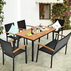 Tangkula 6 Pieces Patio Dining Table and Chairs, Includes All Weather Heavy Duty Acacia Wood Dining Table with Umbrella Hole
