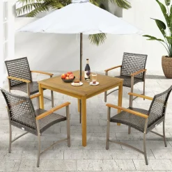 Tangkula 5 Pieces Patio Dining Set, 4 Wicker Armchairs and Square Acacia Wood Dining Table with 1.9” Umbrella Hole