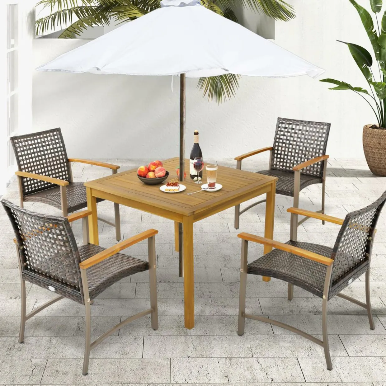 Tangkula 5 Pieces Patio Dining Set, 4 Wicker Armchairs and Square Acacia Wood Dining Table with 1.9” Umbrella Hole