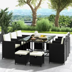Tangkula 11 Pieces Patio Dining Set, Space-Saving Wicker Chairs & Tempered Glass Table with Ottomans