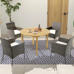 Tangkula 5 Pieces Patio Dining Set, 4 Cushioned Wicker Armchairs and Round Acacia Wood Dining Table