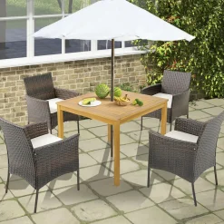 Tangkula 5 Pieces Patio Dining Set, 4 Cushioned Wicker Armchairs and Square Acacia Wood Dining Table