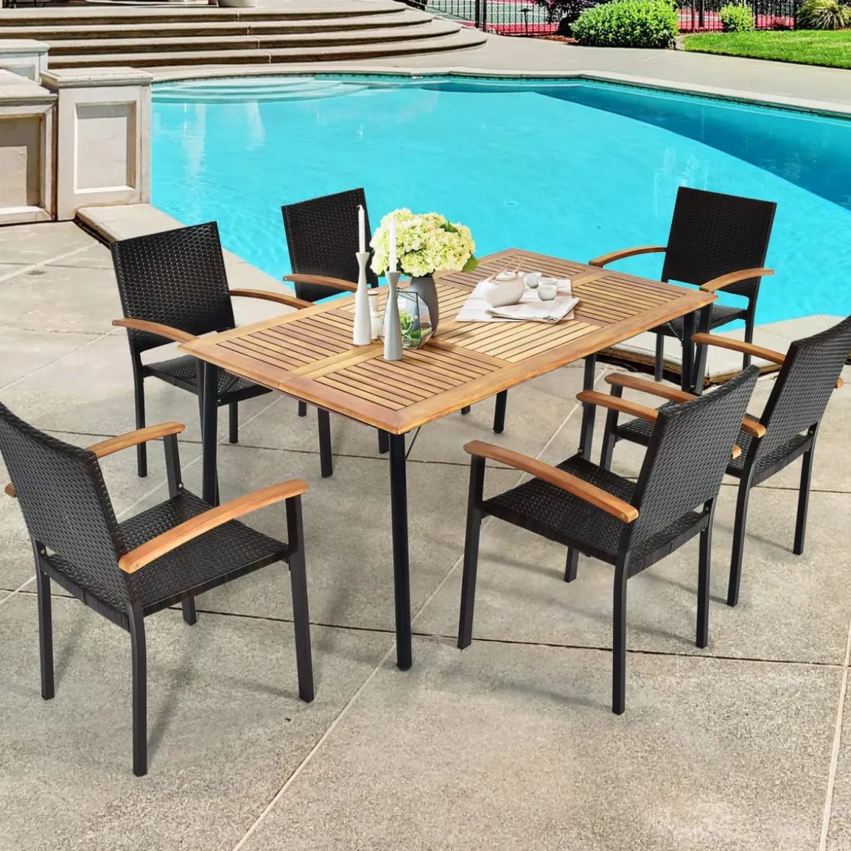 Tangkula 7 Pieces Patio Dining Set, Outdoor Dining Table Set with Acacia Wood Table Top, 6 Wicker Armchairs