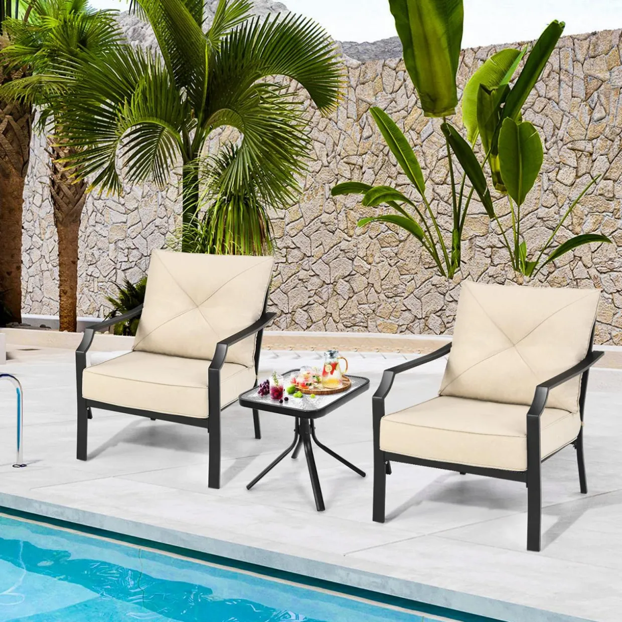Tangkula 2 Pieces Patio Dining Chairs, Outdoor Bistro Armchairs with Steel Frame, Thick and Soft Cushions