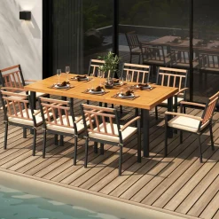 Tangkula 9 Pieces Patio Dining Set, Outdoor Acacia Wood Table and Chairs with Soft Cushions and 1.9” Umbrella Hole