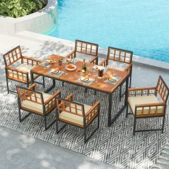 Tangkula 7 Pieces Patio Dining Set, Outdoor Acacia Wood Table and Chairs with Soft Cushions and Umbrella Hole