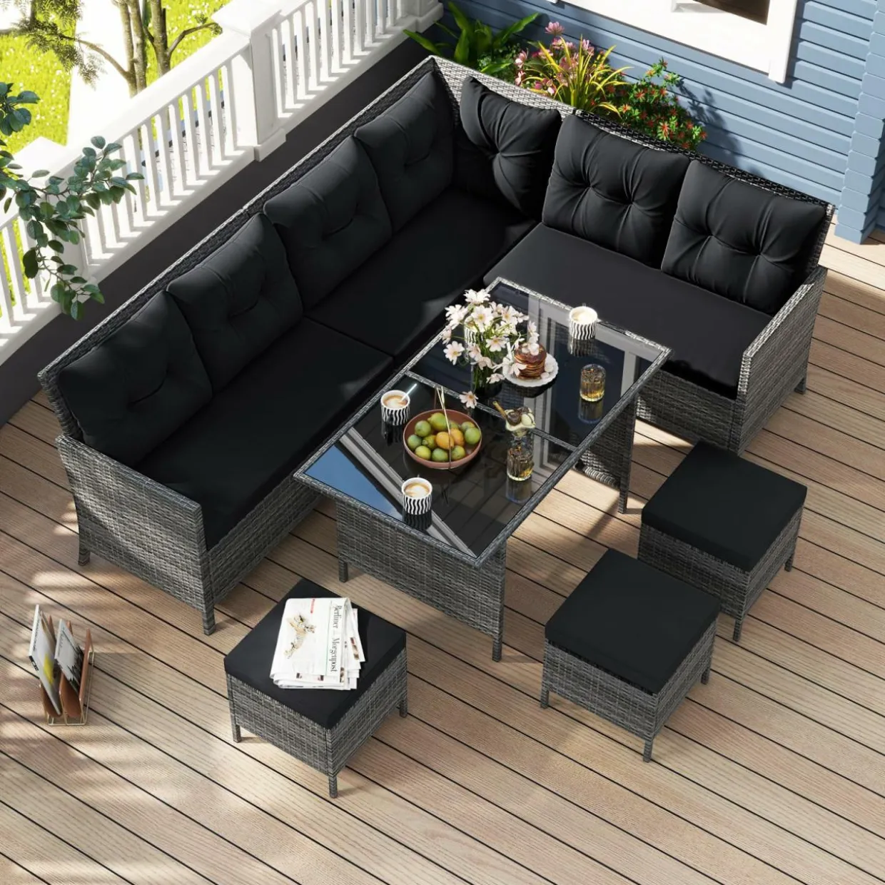 Tangkula 7 Pieces Patio Dining Furniture Set, Outdoor PE Rattan Sectional Sofa Set with Soft Cushions
