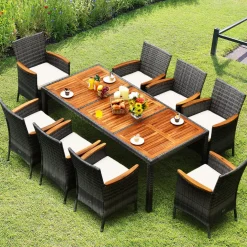 Tangkula 9 Pieces Patio Dining Set, , Outdoor Acacia Wood & Rattan Furniture Set with Cushions, Table & 8 Chairs