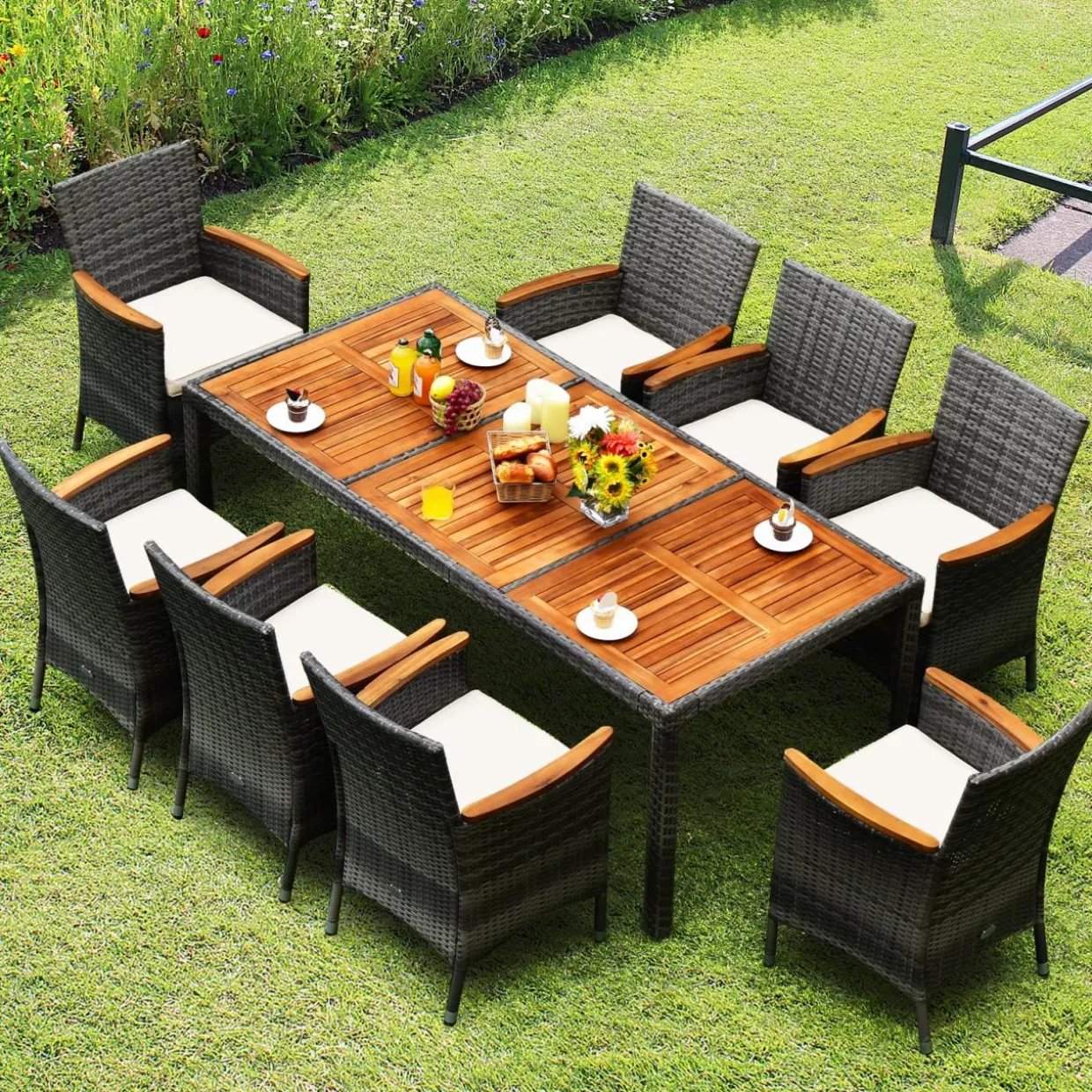 Tangkula 9 Pieces Patio Dining Set, , Outdoor Acacia Wood & Rattan Furniture Set with Cushions, Table & 8 Chairs