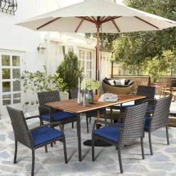 Tangkula 7 Pieces Patio Dining Set, Acacia Wood Wicker Dining Furniture Set with Sturdy Steel Frame & Umbrella Hole