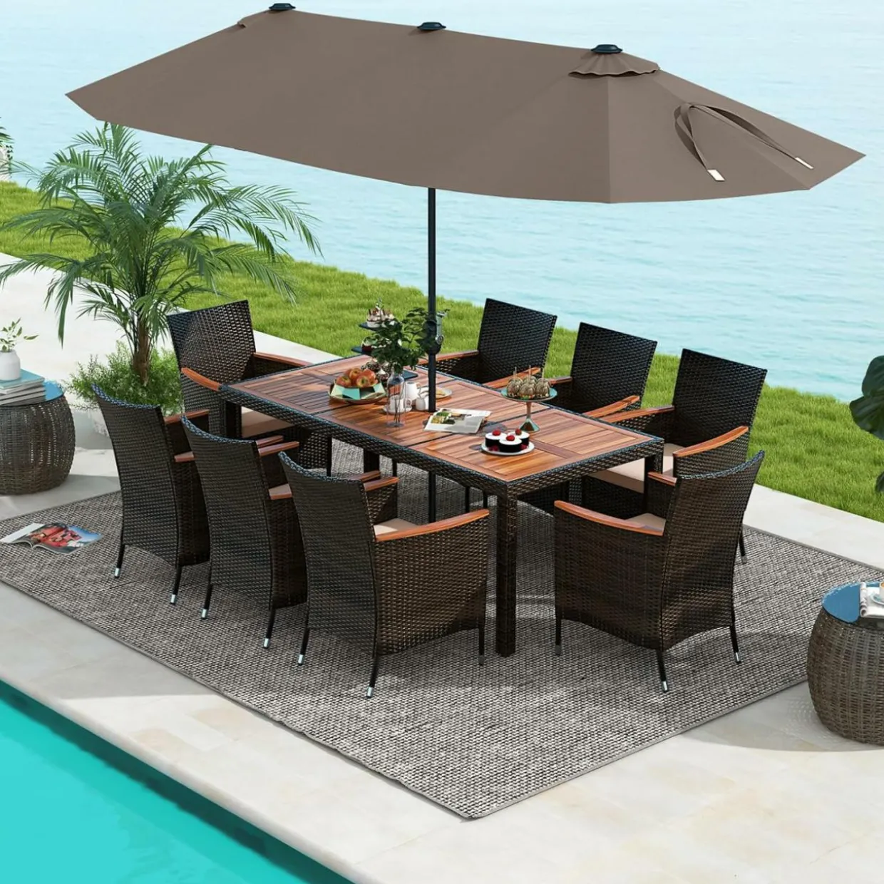 Tangkula 11 Pieces Patio Dining Set with 15ft Double-Sided LED Patio Umbrella (Base Included)
