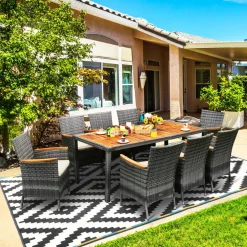 Tangkula 9 Pieces Patio Dining Set, , Outdoor Acacia Wood & Rattan Furniture Set with Cushions, Table & 8 Chairs