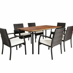 Tangkula 7 Pieces Patio Dining Set, Acacia Wood Wicker Dining Furniture Set with Sturdy Steel Frame & Umbrella Hole