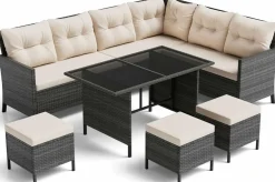 Tangkula 7 Pieces Patio Dining Furniture Set, Outdoor PE Rattan Sectional Sofa Set with Soft Cushions