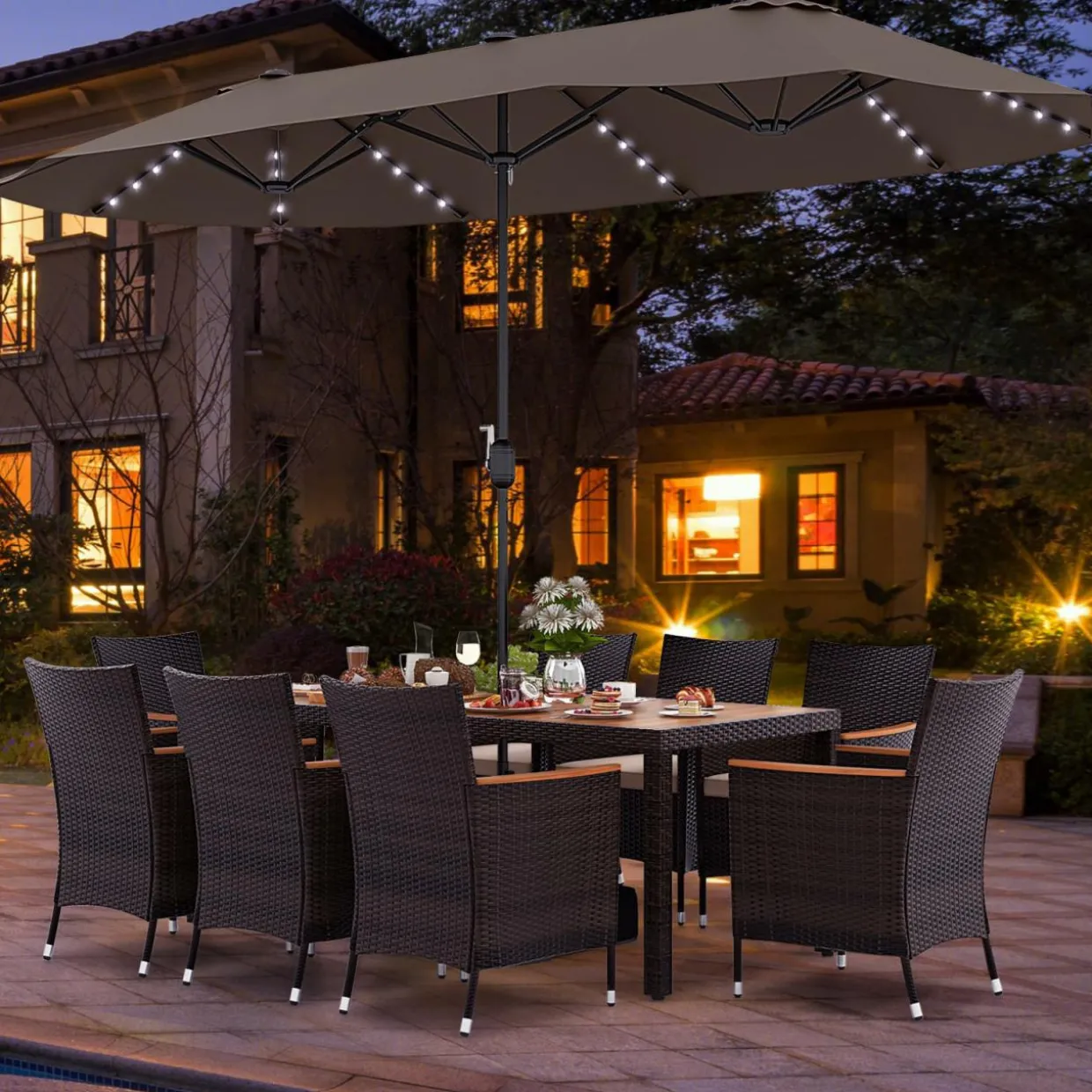 Tangkula 11 Pieces Patio Dining Set with 15ft Double-Sided LED Patio Umbrella (Base Included)