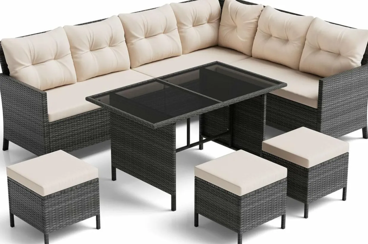 Tangkula 7 Pieces Patio Dining Furniture Set, Outdoor PE Rattan Sectional Sofa Set with Soft Cushions