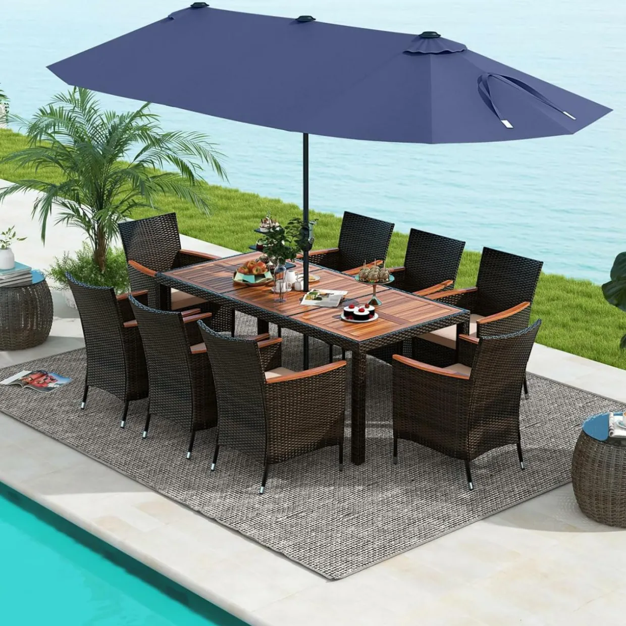 Tangkula 11 Pieces Patio Dining Set with 15ft Double-Sided LED Patio Umbrella (Base Included)