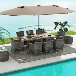 Tangkula 11 Pieces Patio Dining Set with 15 ft Double-Sided Patio LED Umbrella (Base Included)