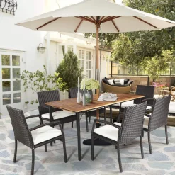Tangkula 7 Pieces Patio Dining Set, Acacia Wood Wicker Dining Furniture Set with Sturdy Steel Frame & Umbrella Hole