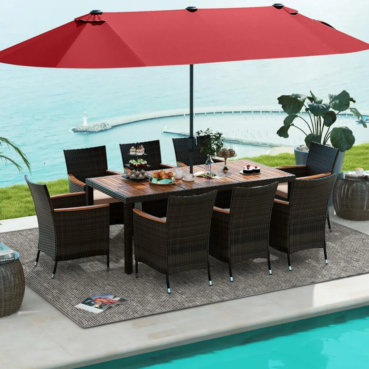 Tangkula 11 Pieces Patio Dining Set with 15ft Double-Sided LED Patio Umbrella (Base Included)