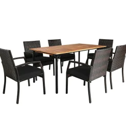 Tangkula 7 Pieces Patio Dining Set, Acacia Wood Wicker Dining Furniture Set with Sturdy Steel Frame & Umbrella Hole