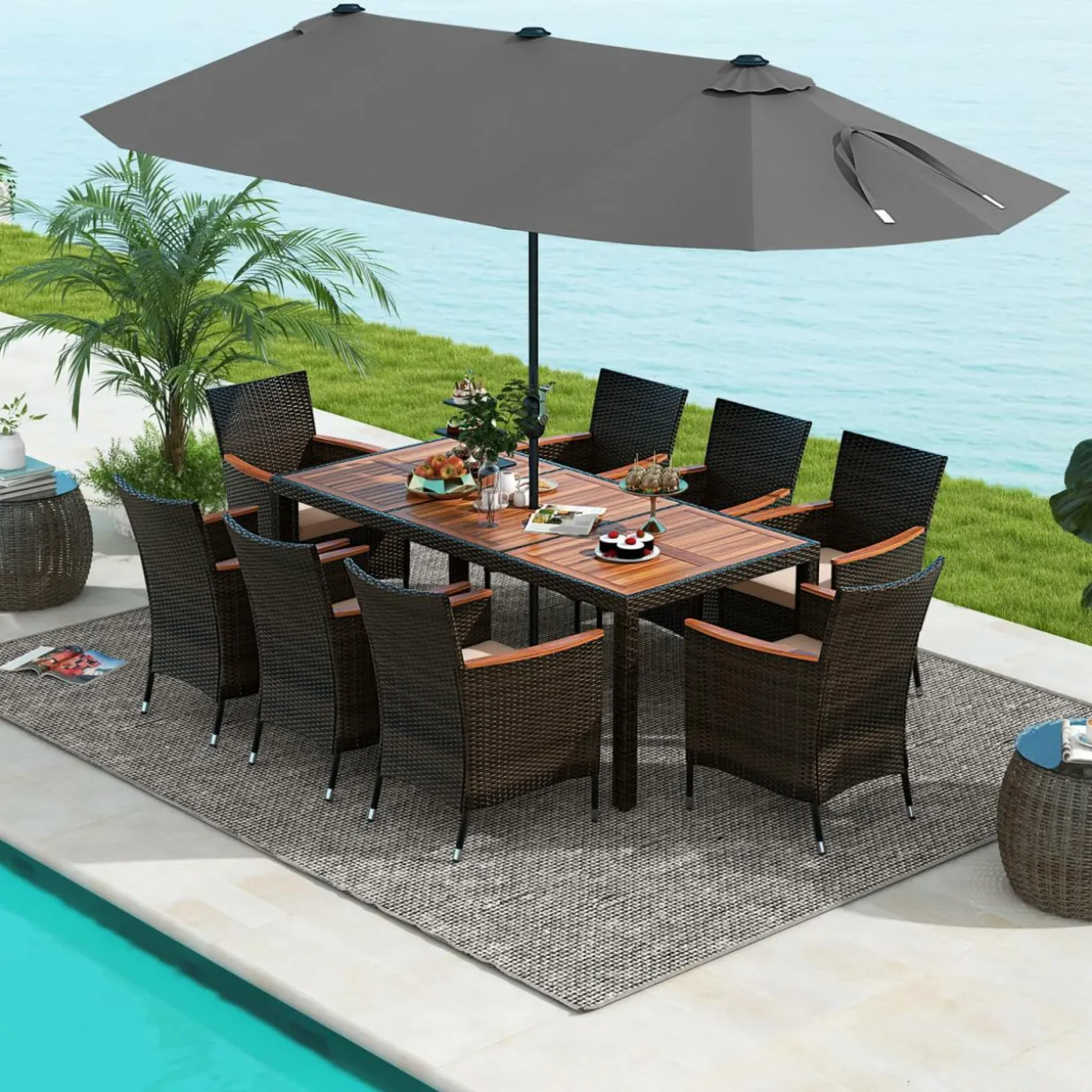Tangkula 11 Pieces Patio Dining Set with 15ft Double-Sided LED Patio Umbrella (Base Included)