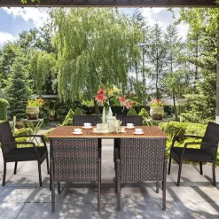 Tangkula 7 Pieces Patio Dining Set, Acacia Wood Wicker Dining Furniture Set with Sturdy Steel Frame & Umbrella Hole