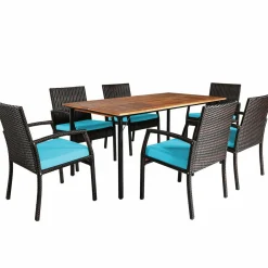 Tangkula 7 Pieces Patio Dining Set, Acacia Wood Wicker Dining Furniture Set with Sturdy Steel Frame & Umbrella Hole