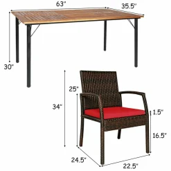 Tangkula 7 Pieces Patio Dining Set, Acacia Wood Wicker Dining Furniture Set with Sturdy Steel Frame & Umbrella Hole