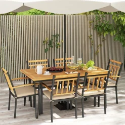 Tangkula 7 Pieces Patio Dining Set with Acacia Wood Dining Table & Armchairs, Soft Cushions, 2” Umbrella Hole