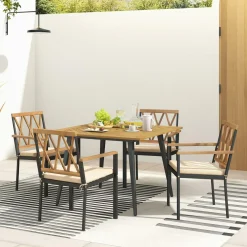 Tangkula 5 Pieces Patio Dining Set, 42.5” Square Acacia Wood Dining Table with 1.9” Umbrella Hole
