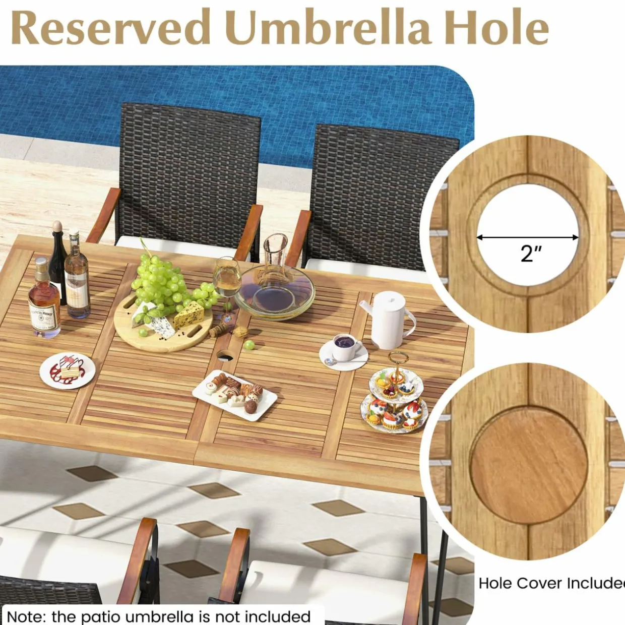 Tangkula 7 Pieces Patio Dining Set with Acacia Wood Dining Table, Rattan Armchairs, Soft Cushions
