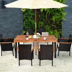 Tangkula 7 Pieces Patio Dining Set, Patiojoy Outdoor Conversation Set w/Acacia Wood Top Table & 6 Stackable Rattan Chairs