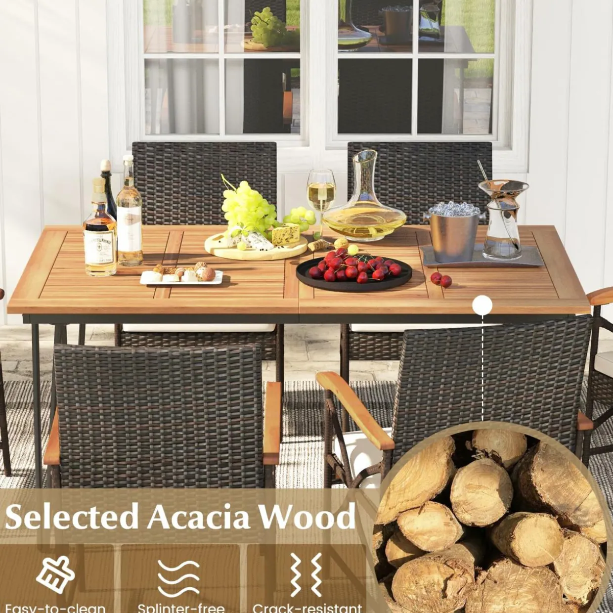 Tangkula 7 Pieces Patio Dining Set with Acacia Wood Dining Table, Rattan Armchairs, Soft Cushions
